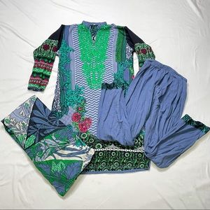 Pakistani 3 piece blue green suit